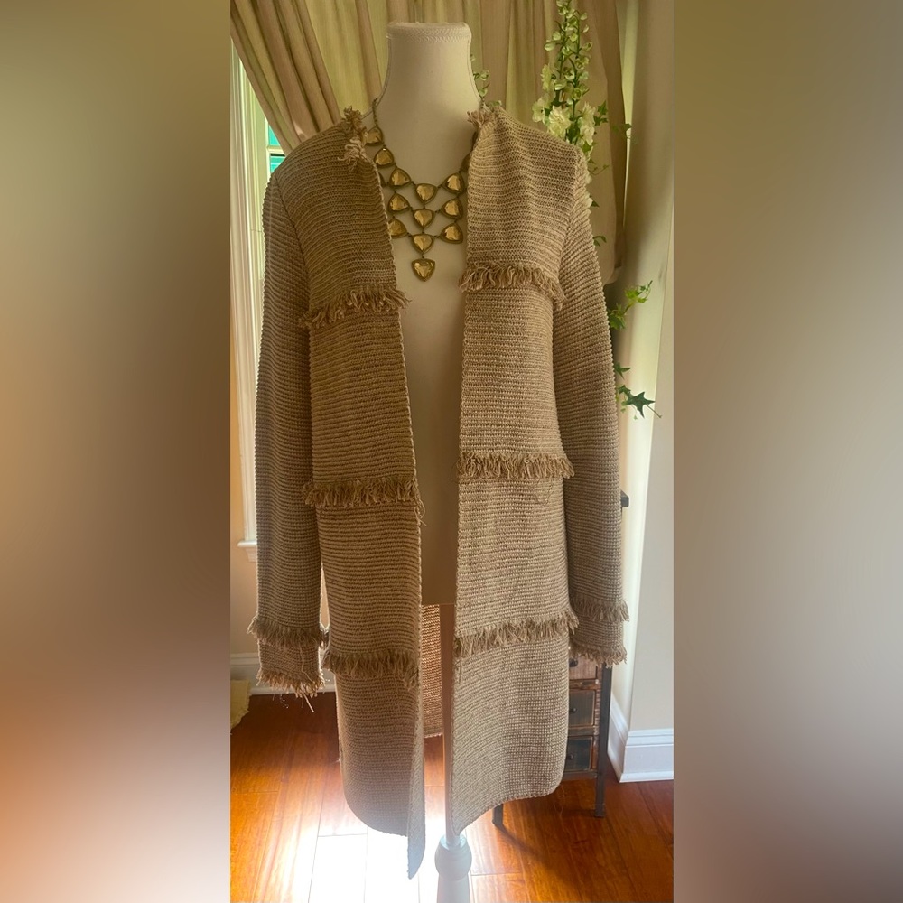 Gorgeous and super stylish sweater jacket gold and cream tones with fringe